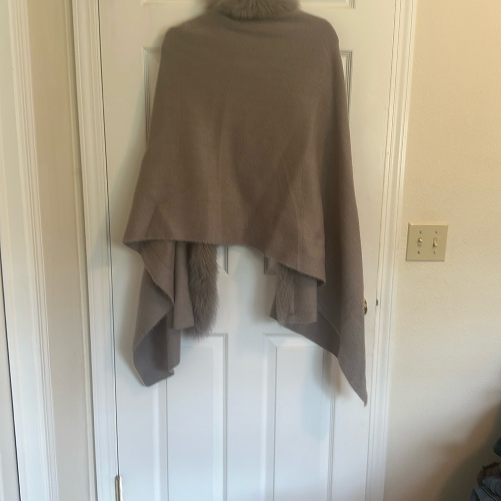 Adrienne Landau Tan and Gray Poncho Sweater